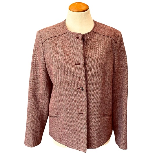 VINTAGE WOOL LADY JACKET ASTOR ONE BURGUNDY MAROON HERRINGBONE WINTER BLAZER - Picture 1 of 13